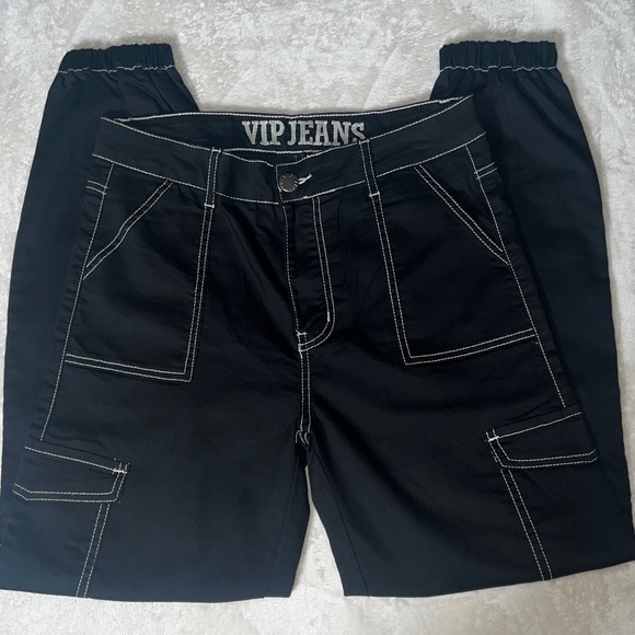 VIP Jeans Black Contrast Stitch Cargo Joggers Pants Juniors 11/12 EUC - Picture 4 of 8